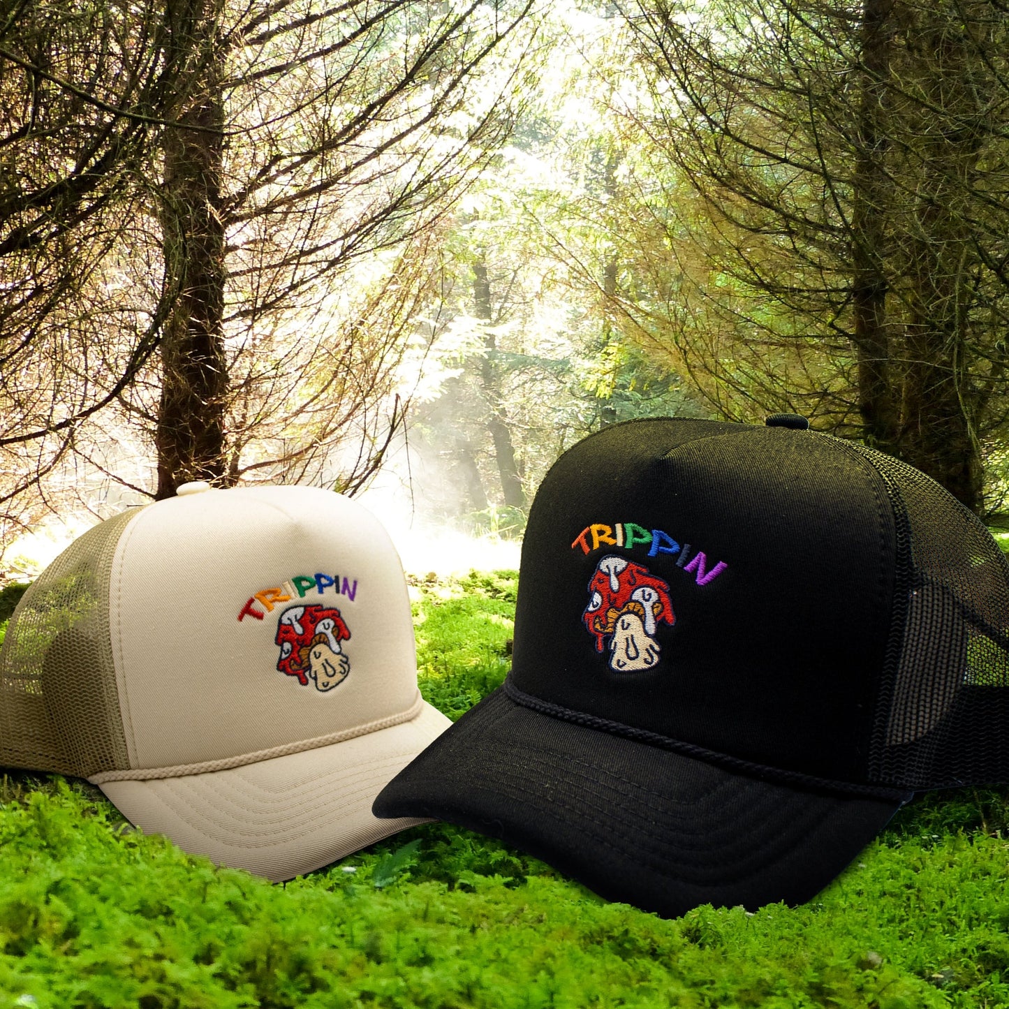 Trippin Mushroom Foam Trucker Hat (Black)