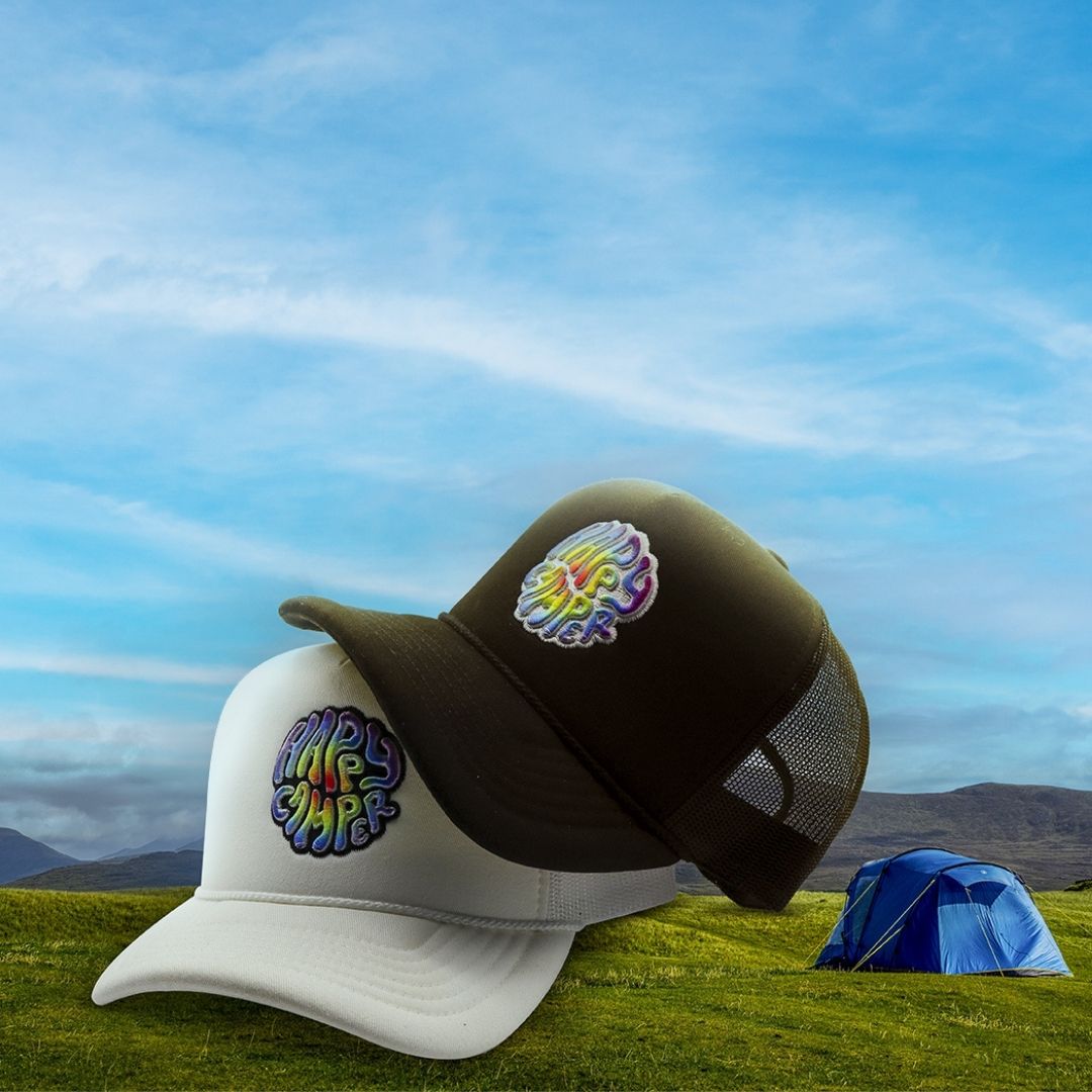 Happy Camper Tye Dye Foam Trucker Hat (Black)